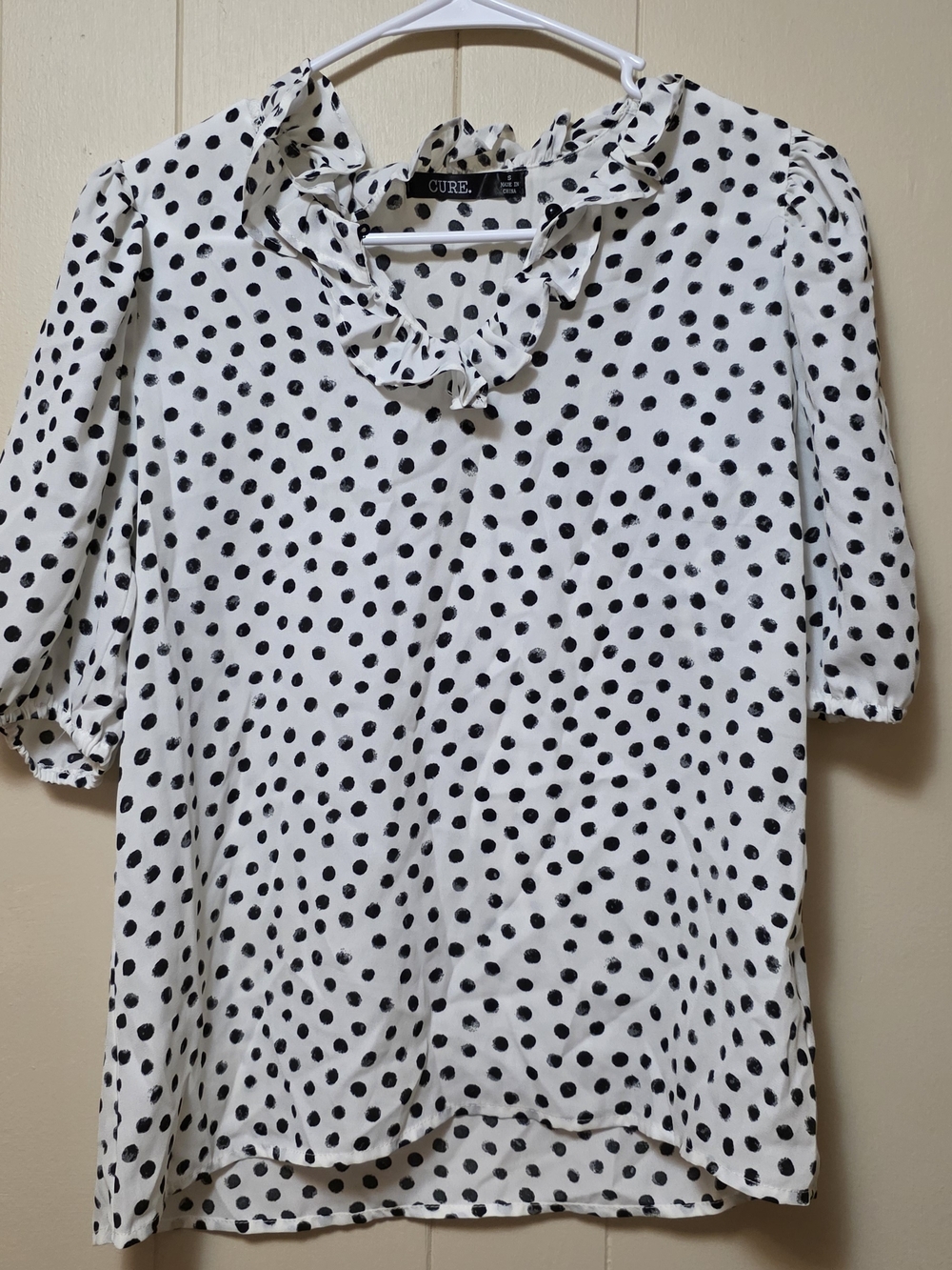 CURE White & Black Polka Dot Ruffle Neck Blouse